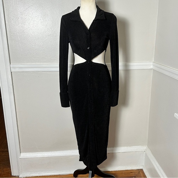 Runaway Stretchy Black Maxi Dress Cutouts Long Sleeves Collared Preppy - Picture 15 of 17